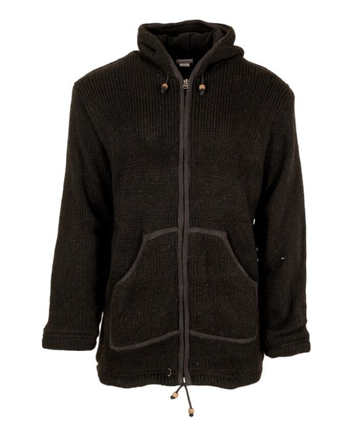 Black Classic Nepalese Knitted Jacket - Zip off Hood option | Karma Gear