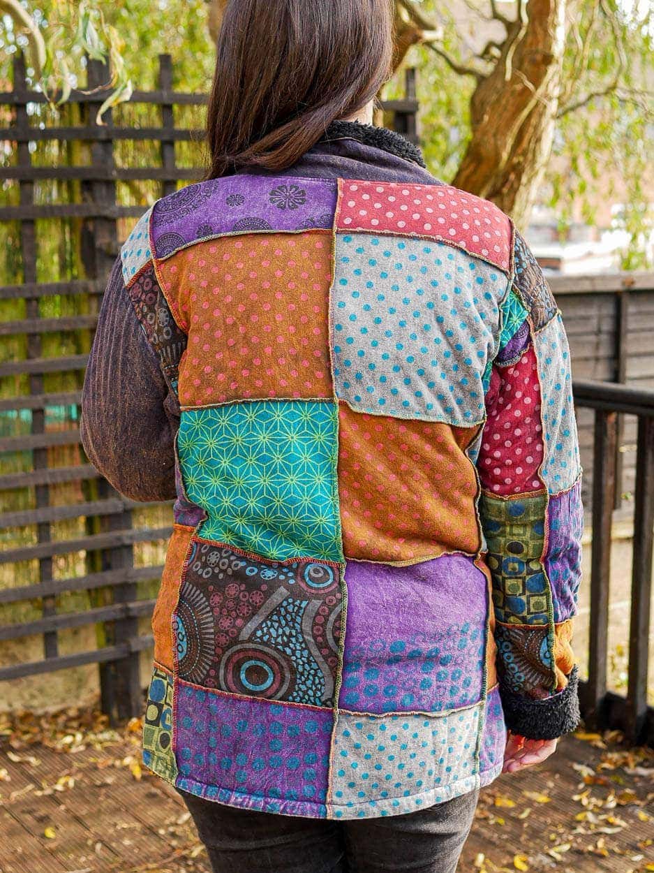 Eco Patchwork Sherpa Button Jacket | Karma Gear | Fair Trade